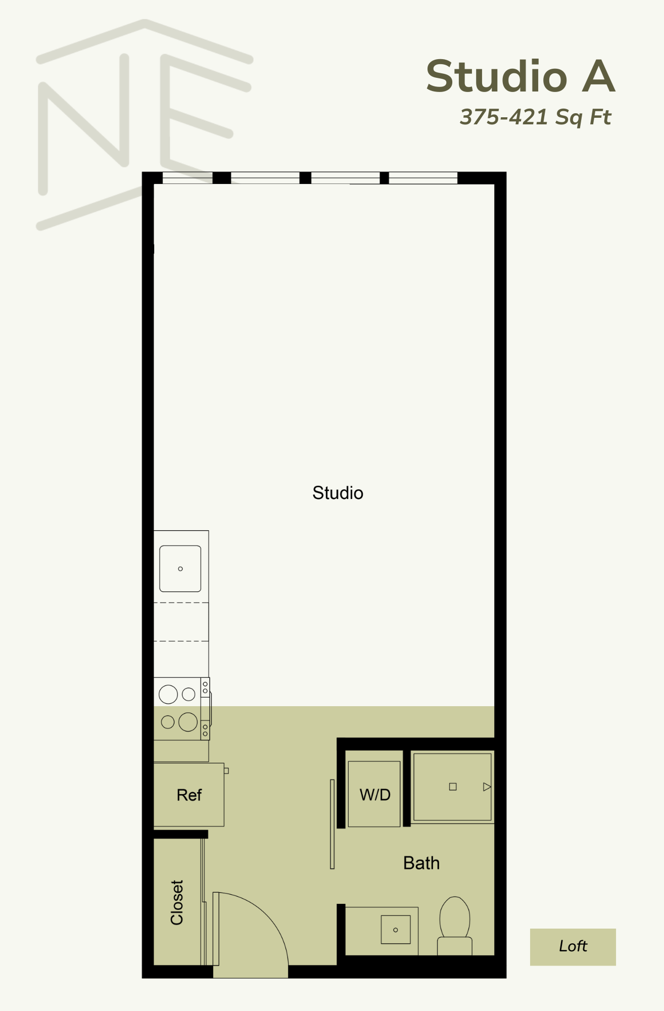A floor plan for Studio A at 375-421 Sq Ft.